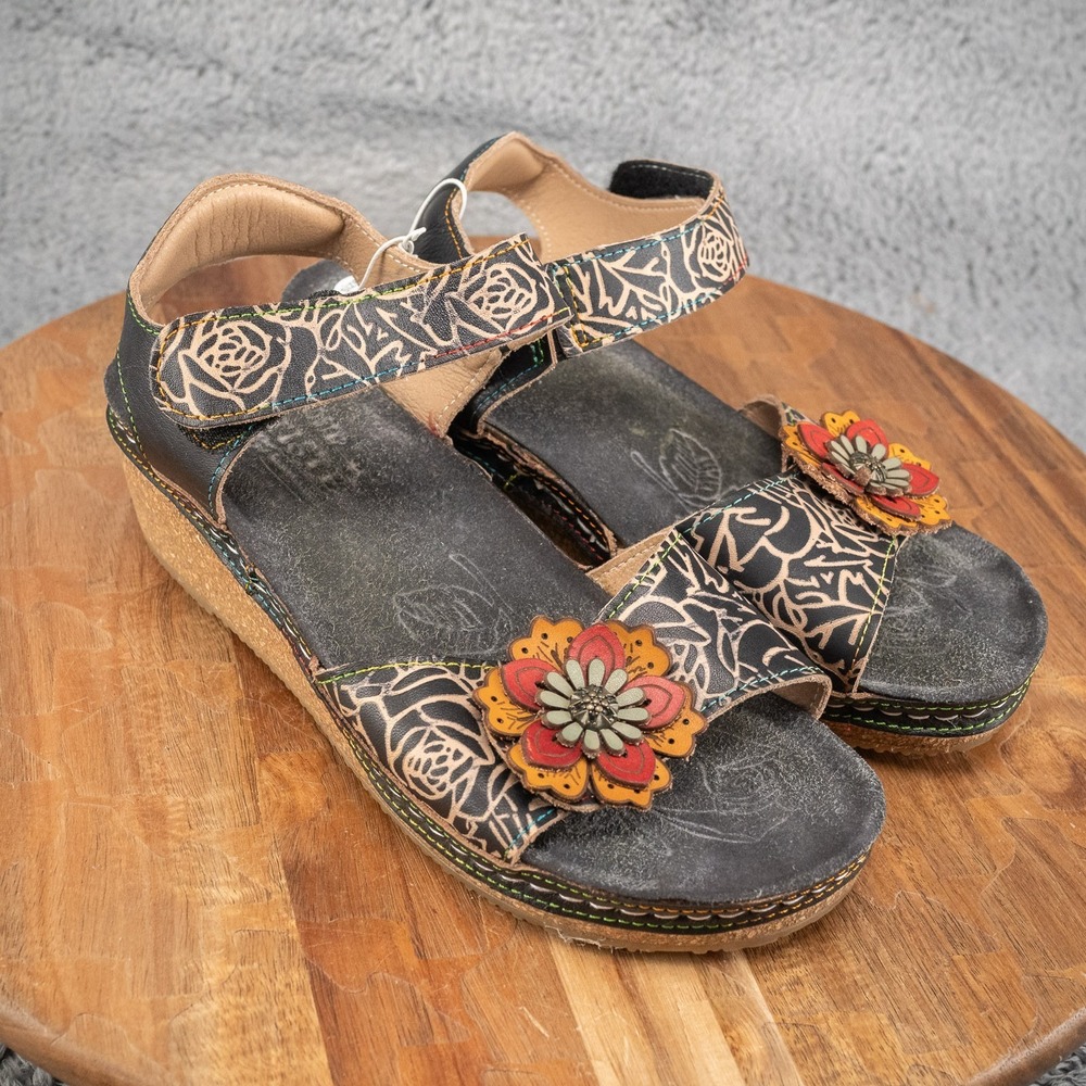 L'Artiste by Spring Step Leather Wedge Sandals Cuteness Black Eu 37 US 6.5